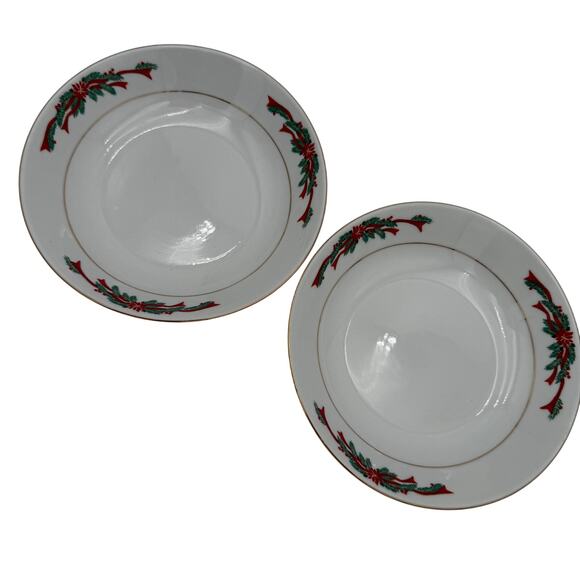 Vintage Coupe Soup Bowls in Poinsettia and Ribbon by Fairfield 7.5" Set of 2 - Picture 2 of 5